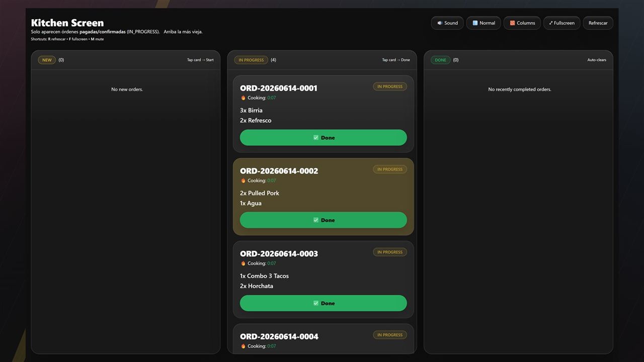 FT-OS kitchen display system showing in-progress orders