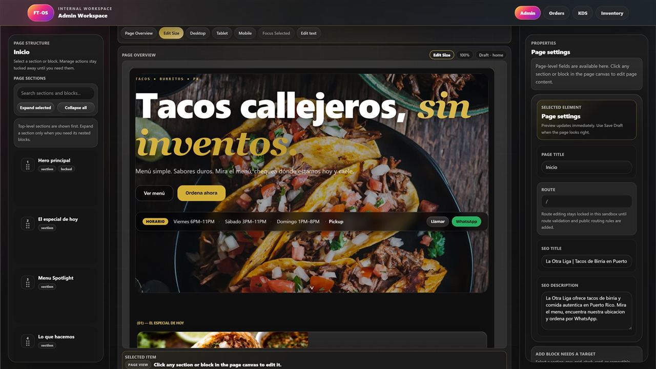FT-OS visual website builder — canvas editing with live page preview, a section manager, and SEO controls